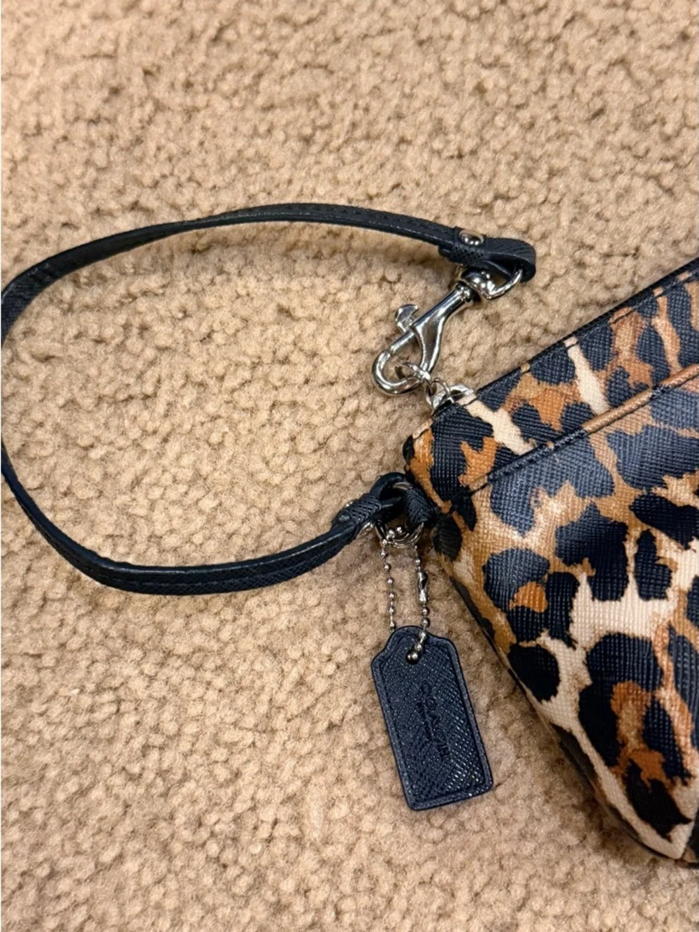 Coach Ocelot Leopard Print Wristlet with Front Pocket - Silver Tone